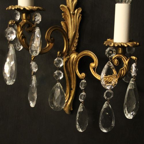 FRENCH PAIR OF CRYSTAL TWIN ARM ANTIQUE WALL LIGHTS - ADDITIONAL PHOTO 3