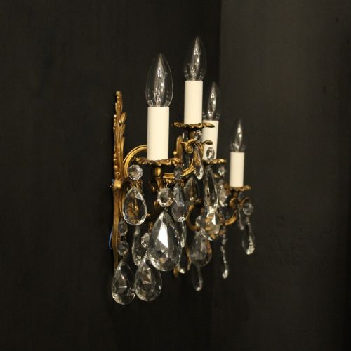 FRENCH PAIR OF CRYSTAL TWIN ARM ANTIQUE WALL LIGHTS - ADDITIONAL PHOTO 9