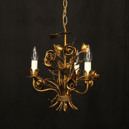 French Floral Toleware Triple Light Chandelier
