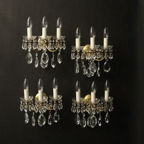 French Set of 4 Crystal Triple Arm Wall Lights