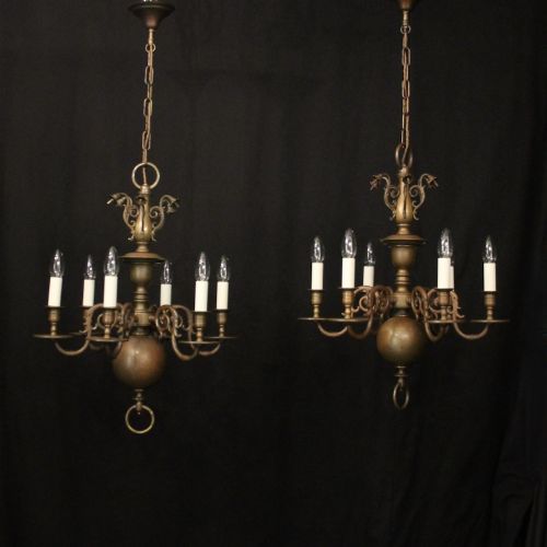 English Pair of Bronze 6 Light Antique Chandeliers