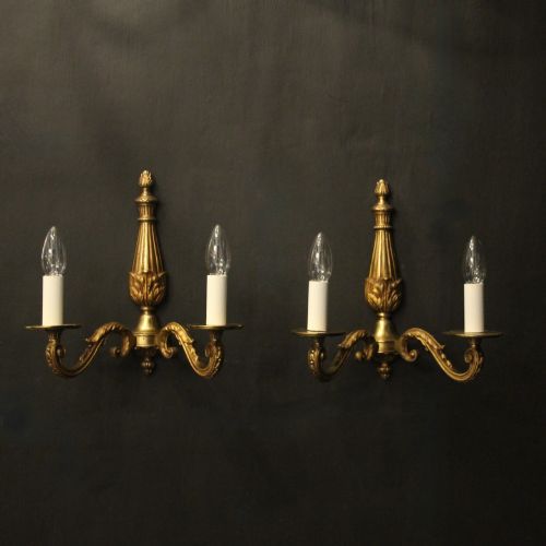 French Pair of Gilded Bronze Twin Arm Antique Wall Lights