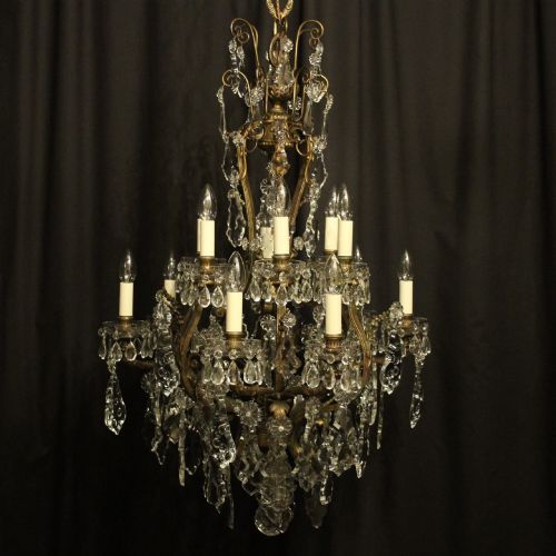 French Gilded Bronze 12 Light Crystal Antique Chandelier