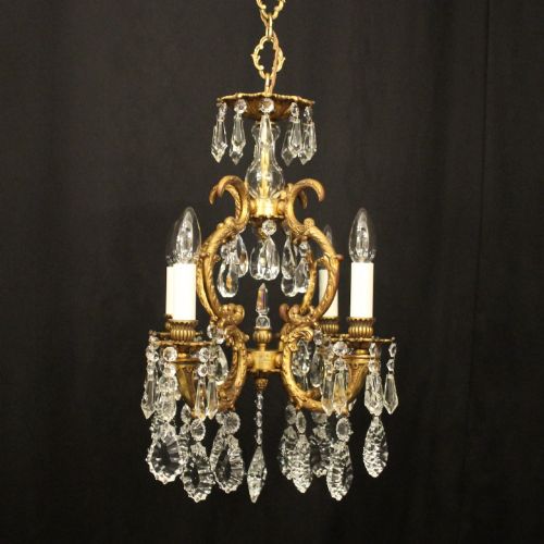 French Gilded Bronze & Crystal 4 Light Antique Chandelier