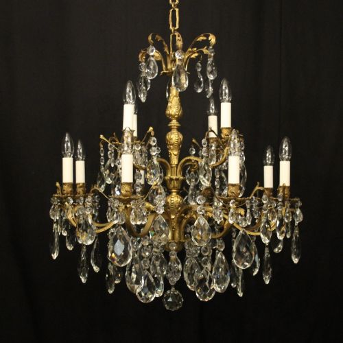 French Gilded Bronze & Crystal 12 Light Antique Chandelier