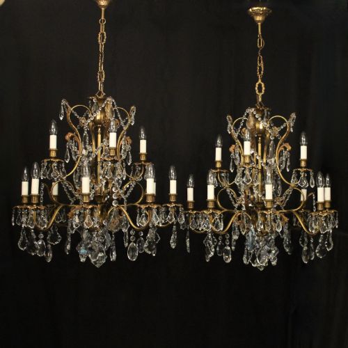 French Pair of Gilded Crystal 12 Light Chandeliers