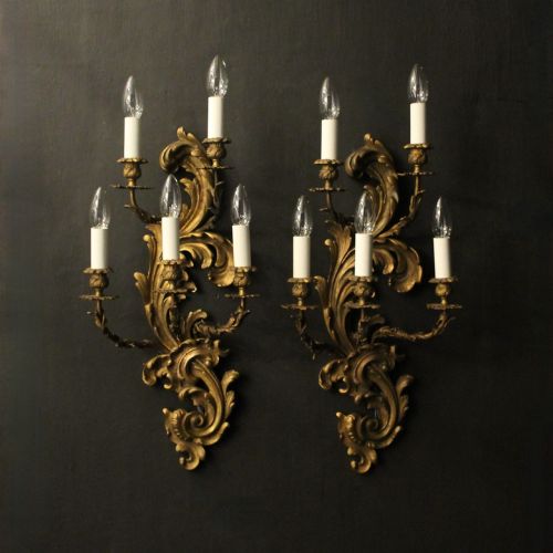 French Large Pair of Gilded 5 Arm Antique Wall Lights