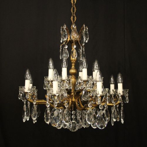French Gilded Brass & Crystal 16 Light Antique Chandelier