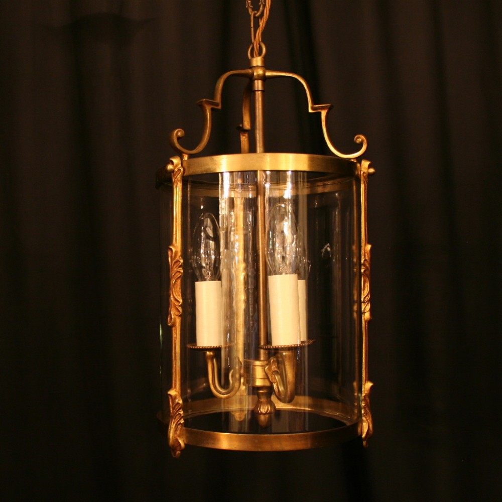 A French Gilded Triple Light Antique Hall Lantern