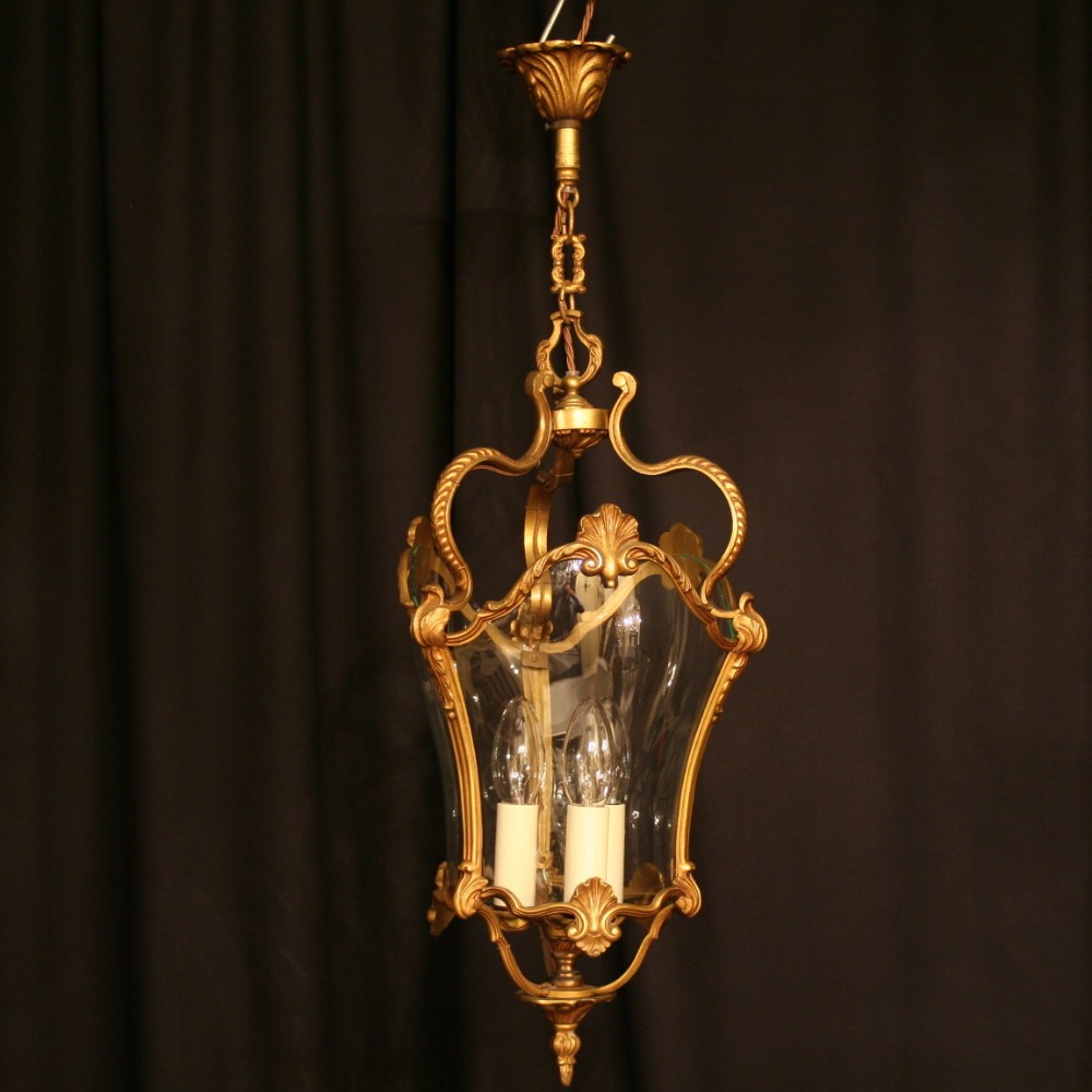 A French Gilded Triple Light Antique Hall Lantern