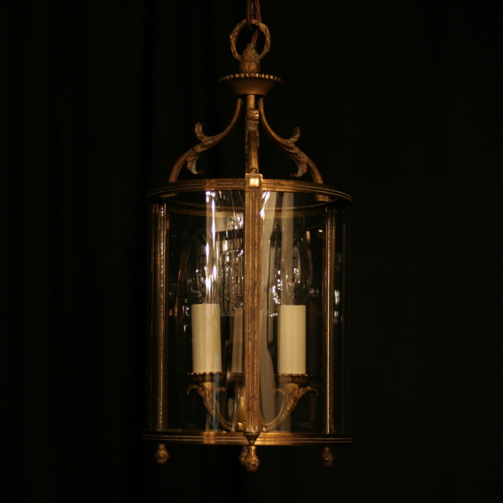 A French Gilded Triple Light Antique Hall Lantern