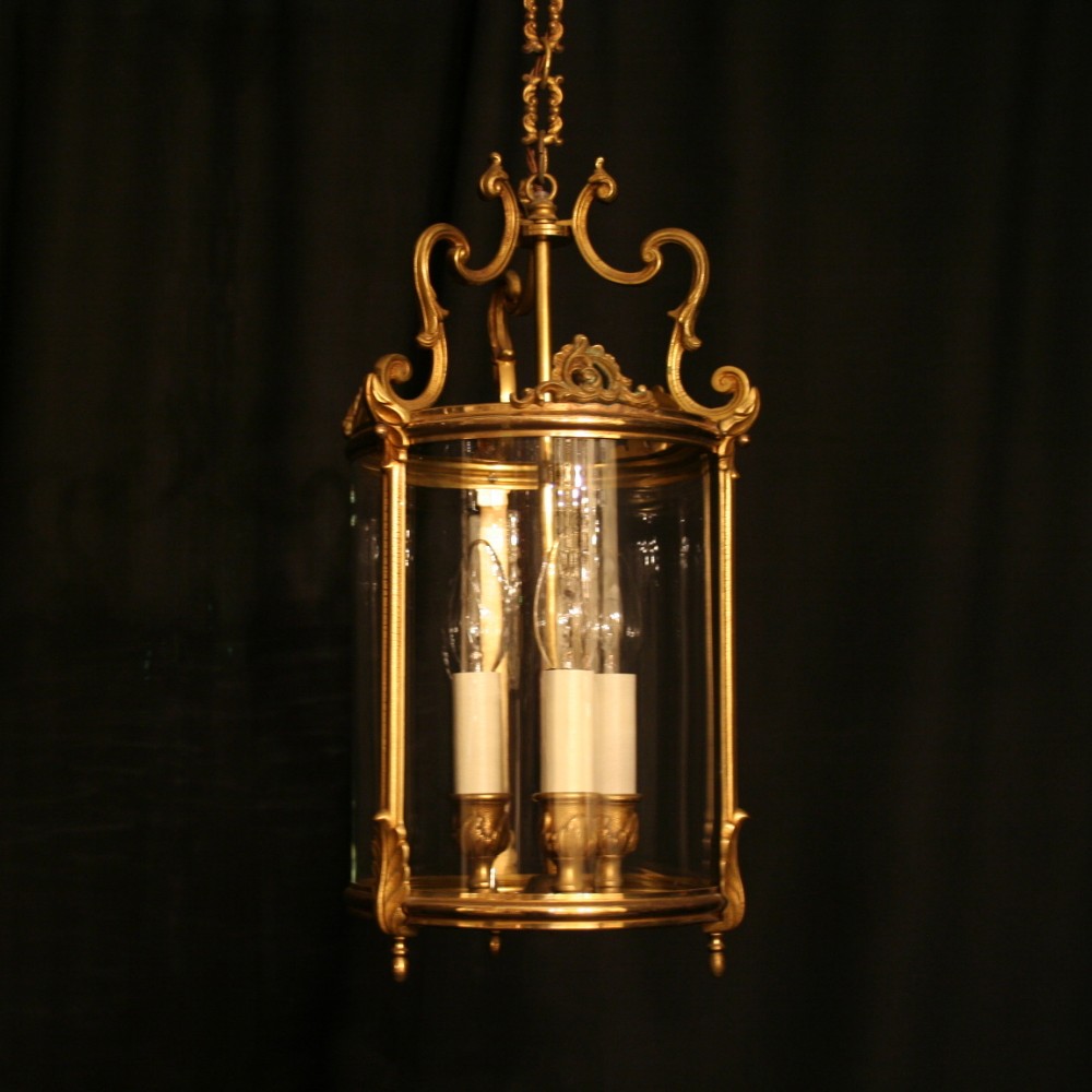 A French Gilded Triple Light Antique Hall Lantern