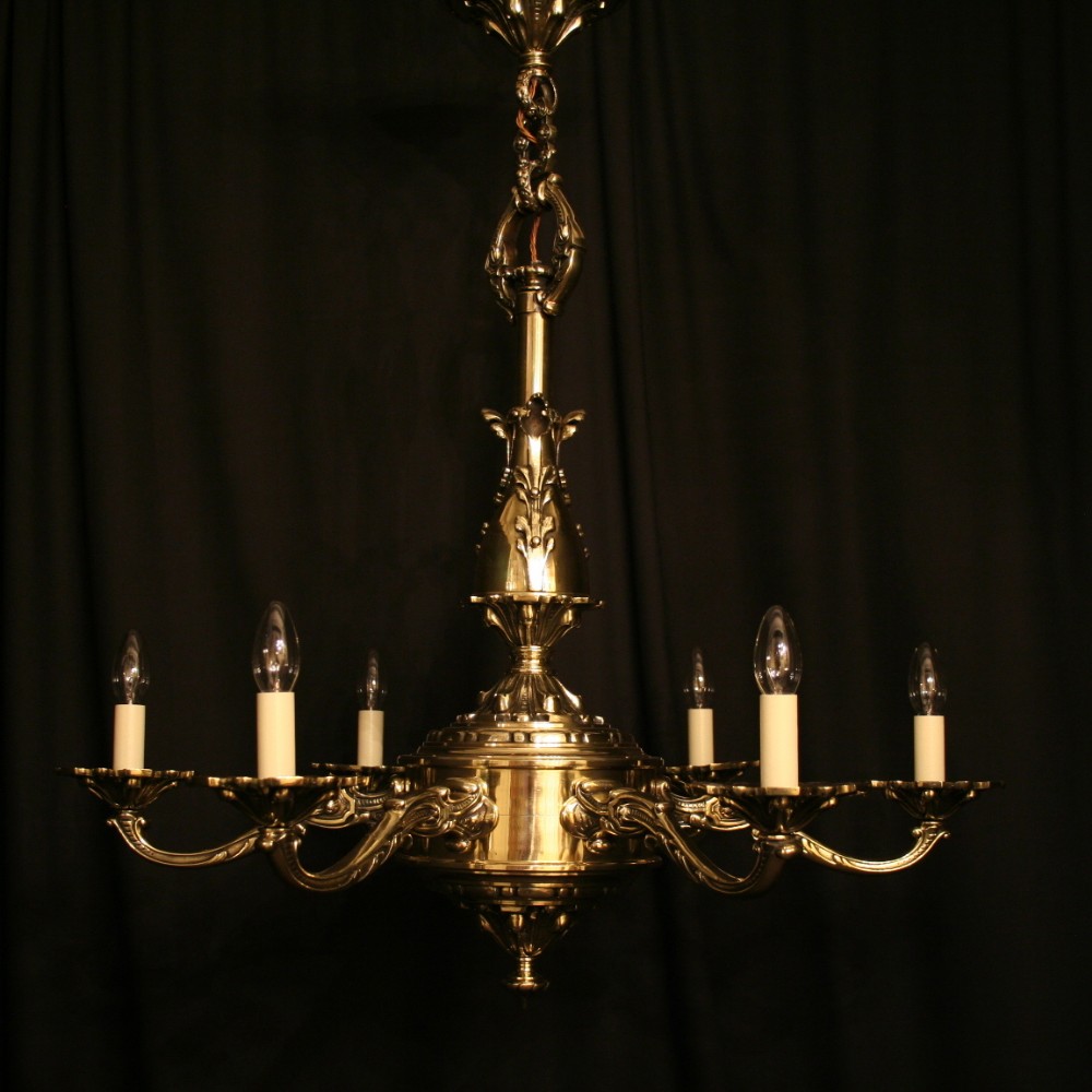 A Large French Brass 6 Light Antique Chandelier
