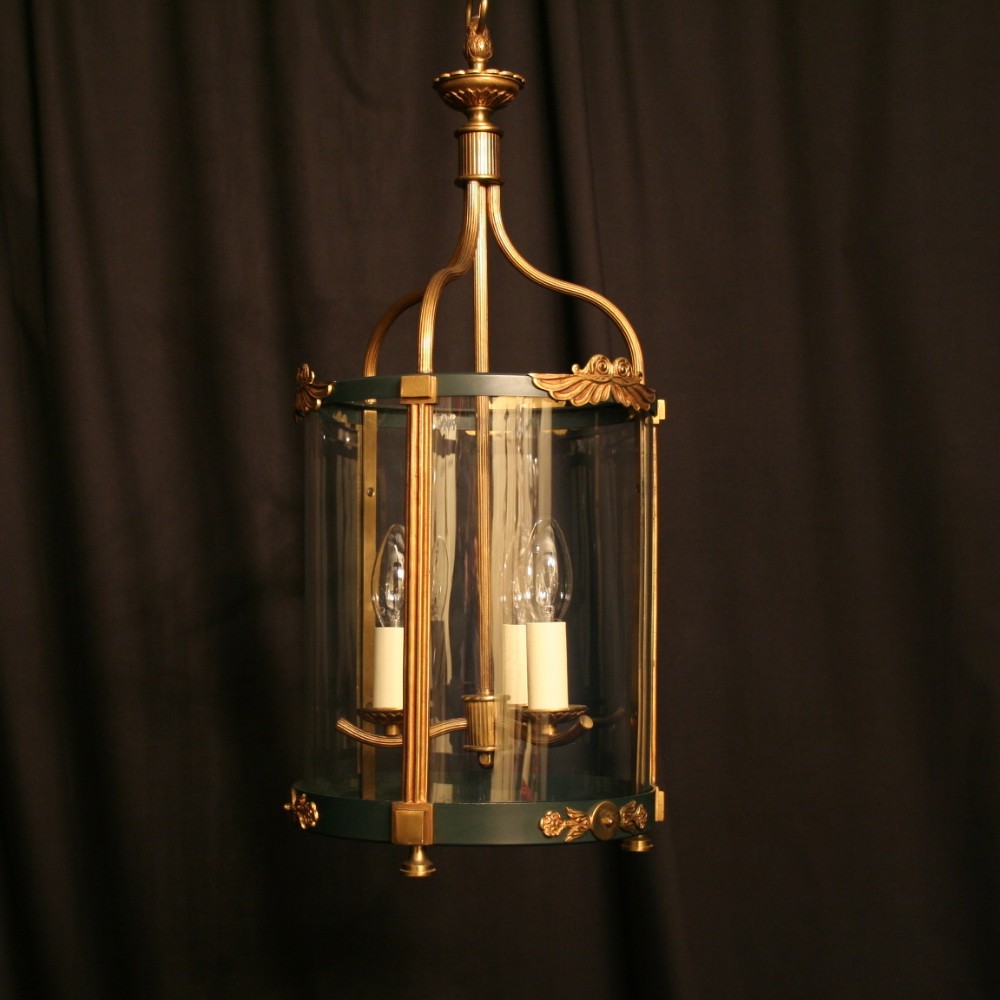 A French Gilded Cast Brass Empire Triple Light Antique Hall Lantern
