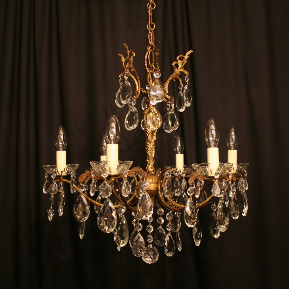 An Italian 6 Light Gilded Cast Brass Antique Chandelier