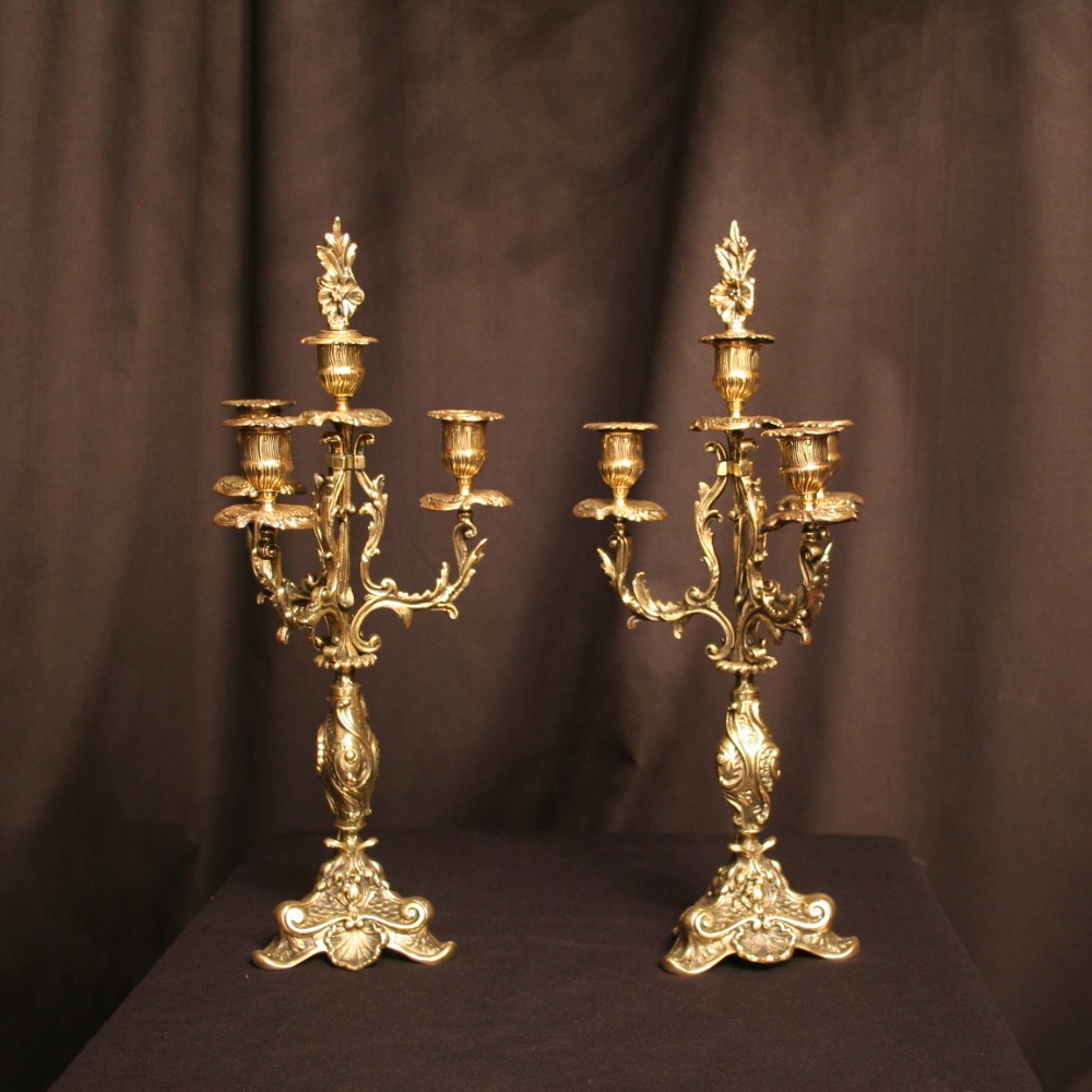 A French Pair Of Brass 4 Light Antique Candelabra