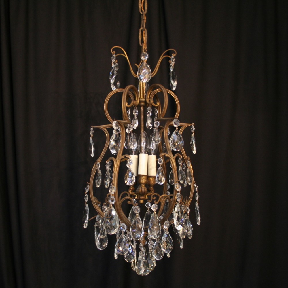 An Italian Gilded Cast Brass Bird Cage Form Antique Chandelier