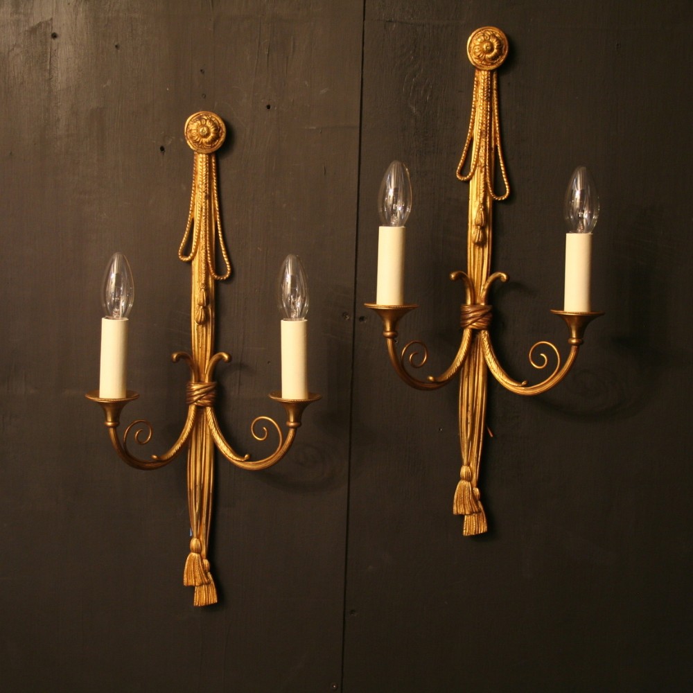 A French Pair Of Gilded Rope & Tassel Twin Arm Antique Wall Lights