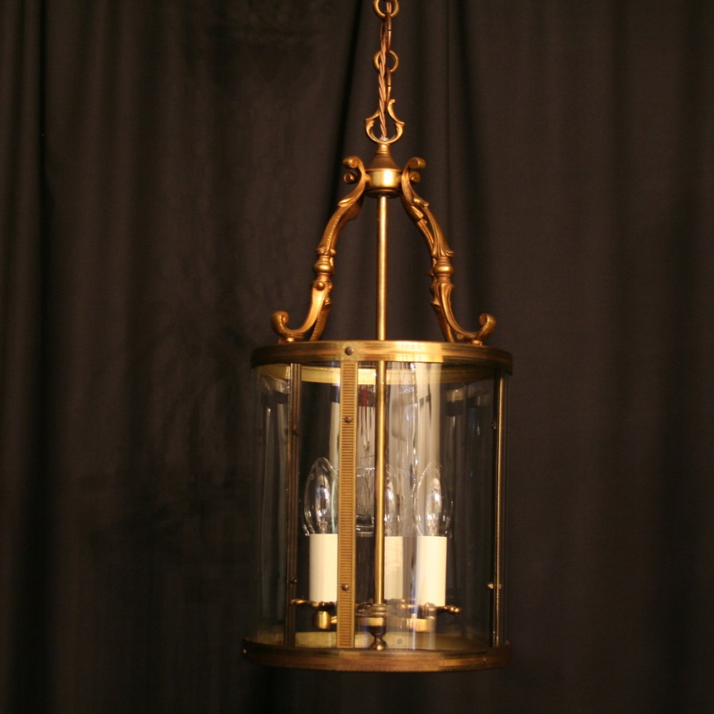 A French Gilded Triple Light Antique Convex Circular Hall Lantern