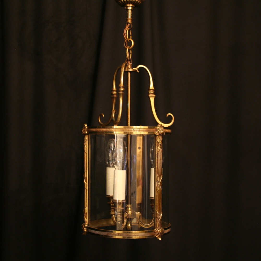 A French Gilded Triple Light Antique Hall Lantern