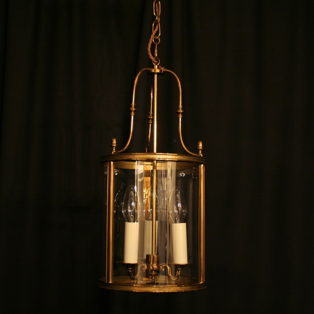 A French Brass Triple Light Convex Antique Hall Lantern