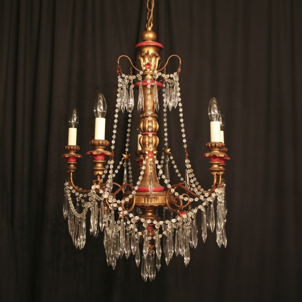 An Italian Giltwood & Metal 6 Light Antique Chandelier