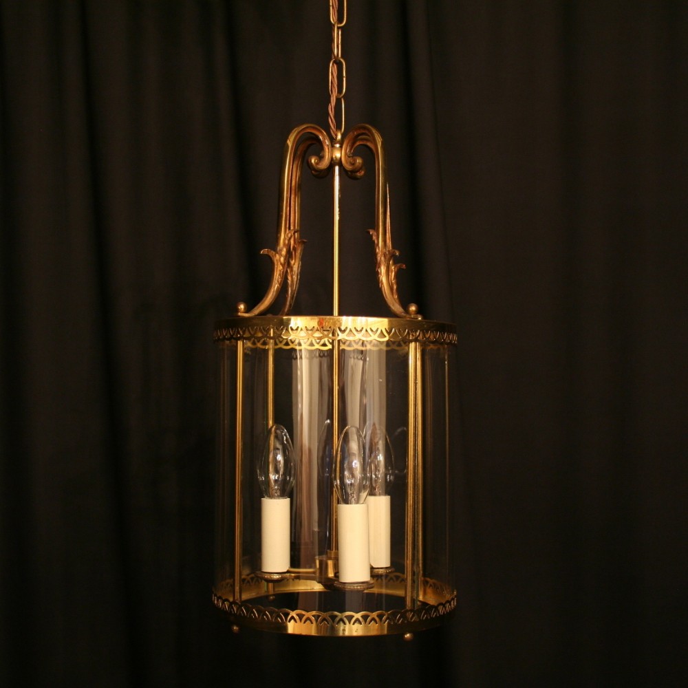 A French Brass Triple Light Antique Hall Lantern