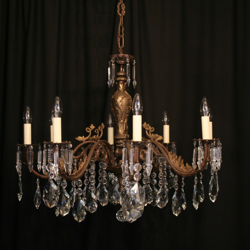 An Italian 8 Light Dark Cast Brass & Crystal Antique Chandelier