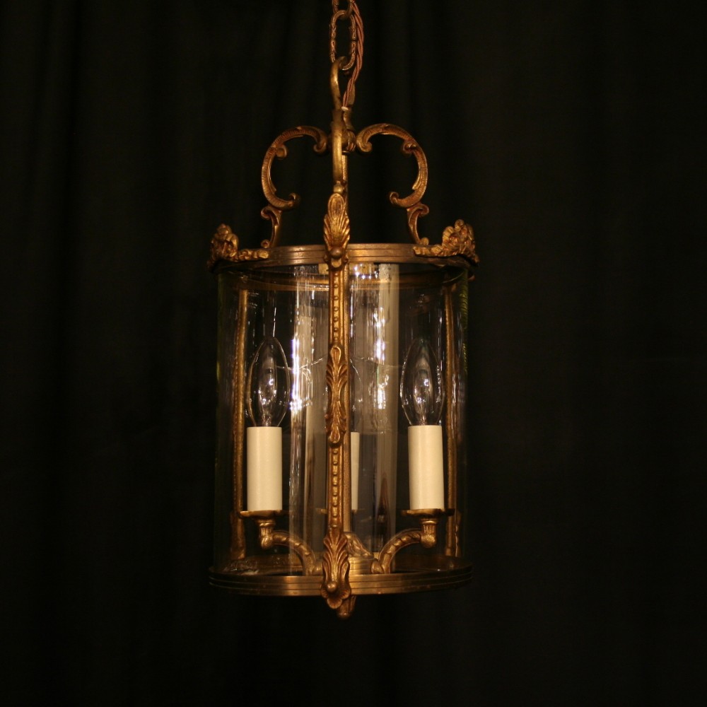 A French Gilded Triple Light Antique Hall Lantern