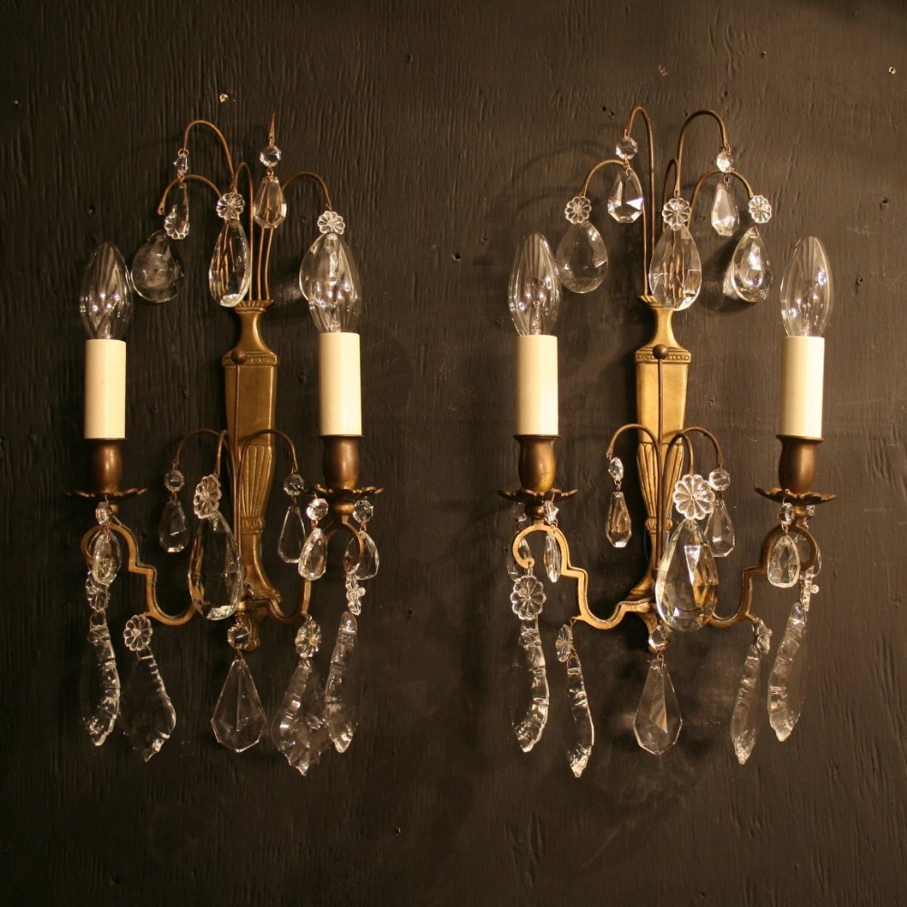 A French Pair Of Cast Brass & Crystal Antique Wall Lights