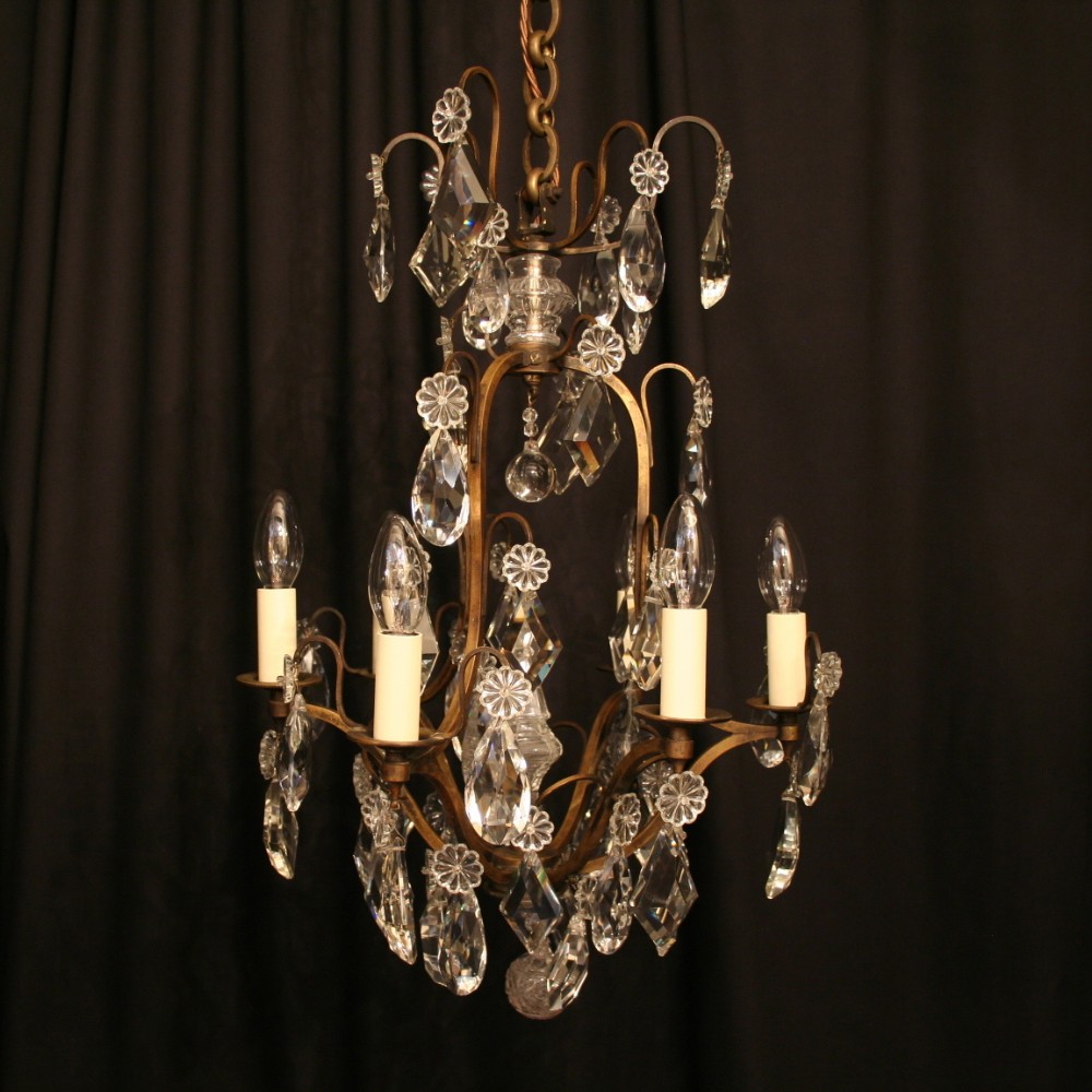 A French Birdcage Crystal & Brass 6 Light Antique Chandelier