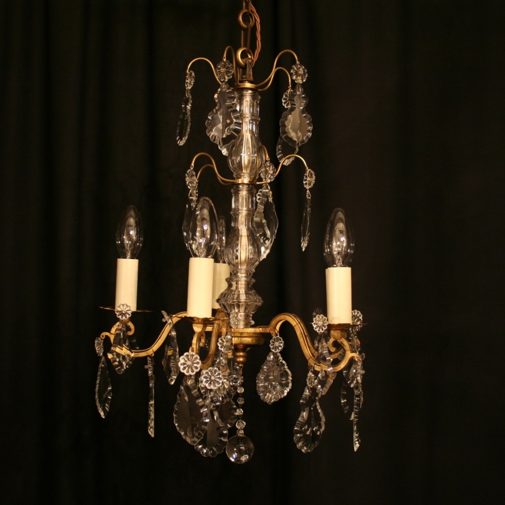 A Small French Gilded & Crystal 5 Light Antique Chandelier