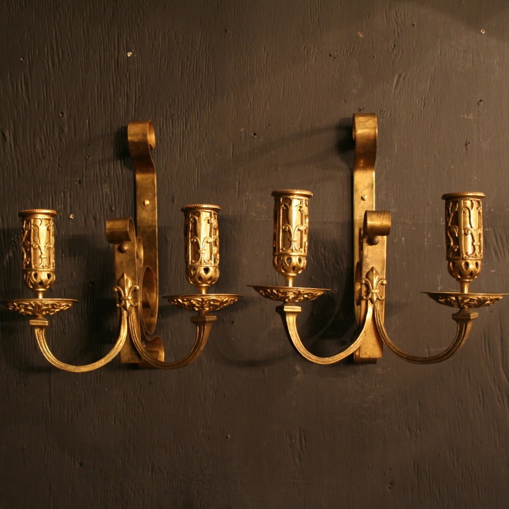 A French Pair Of Twin Arm Cast Bronze Antique Wall Sconces