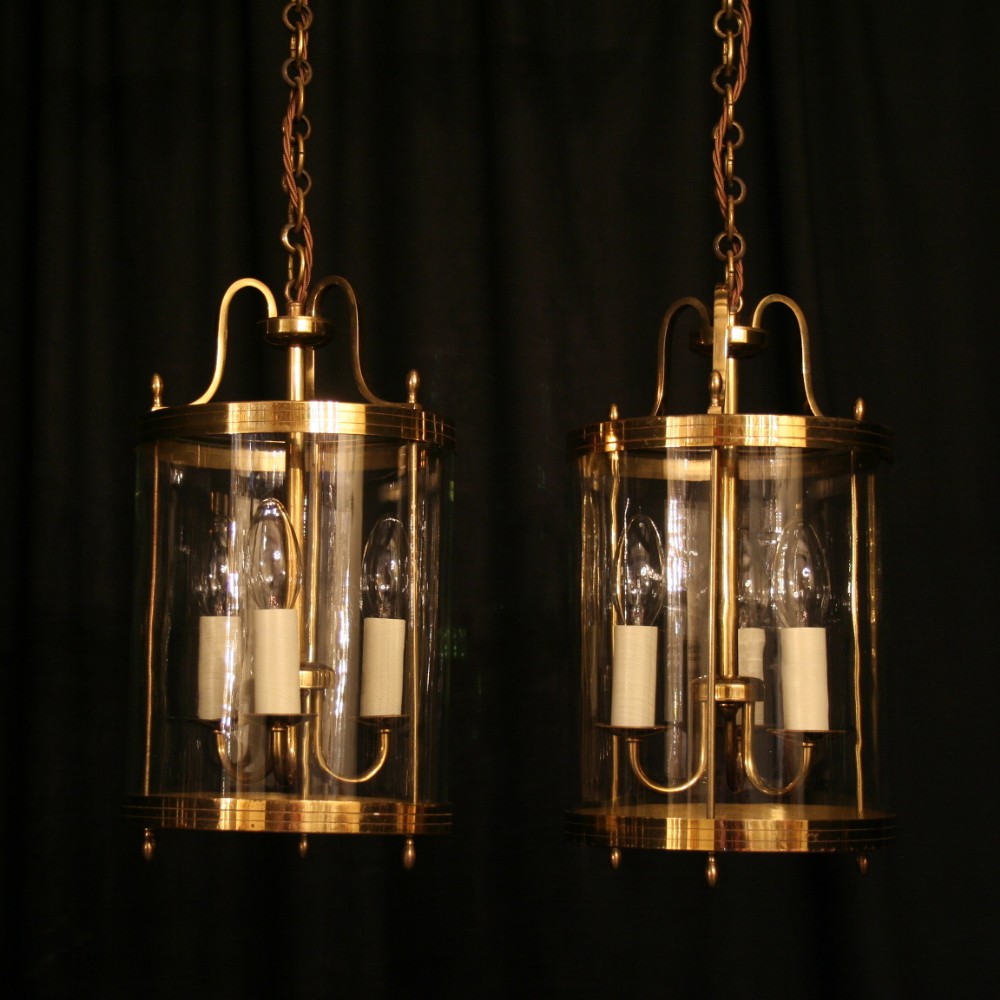 A French Pair Of Triple Light Brass Antique Hall Lanterns