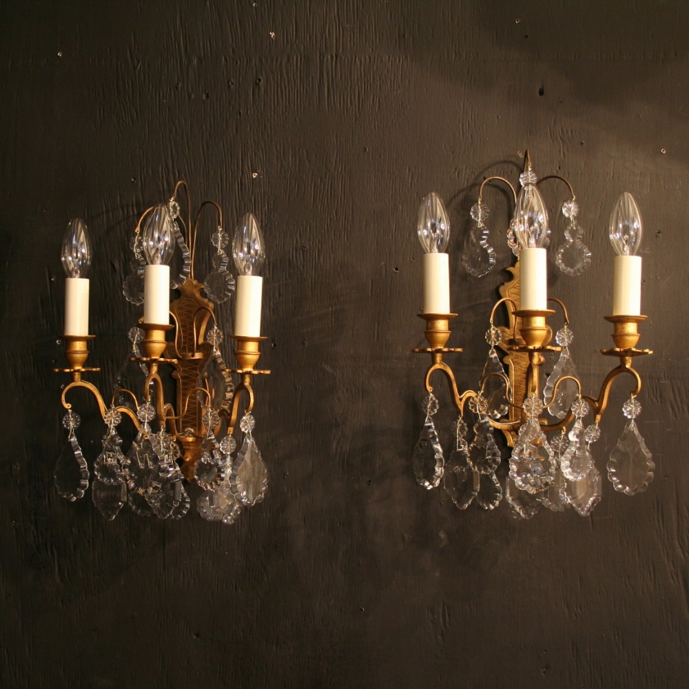 A French Pair Of Gilded & Crystal Triple Arm Antique Wall Lights