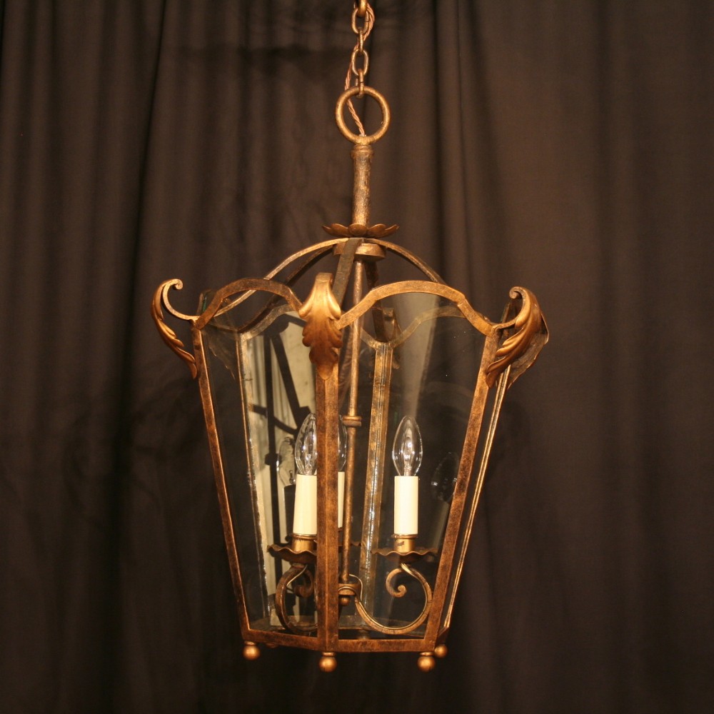 A Large French Wrought Iron Triple Light Antique Lantern