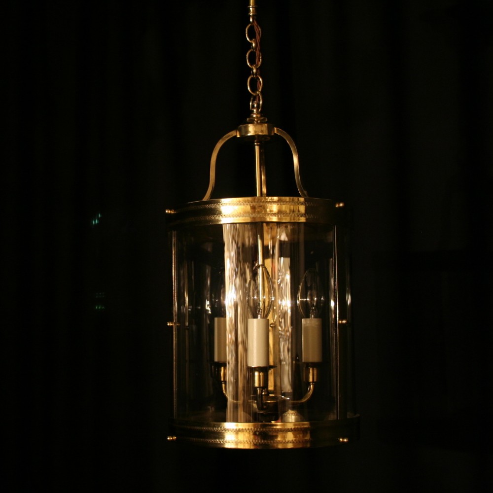 A French Brass Triple Light Antique Hall Lantern
