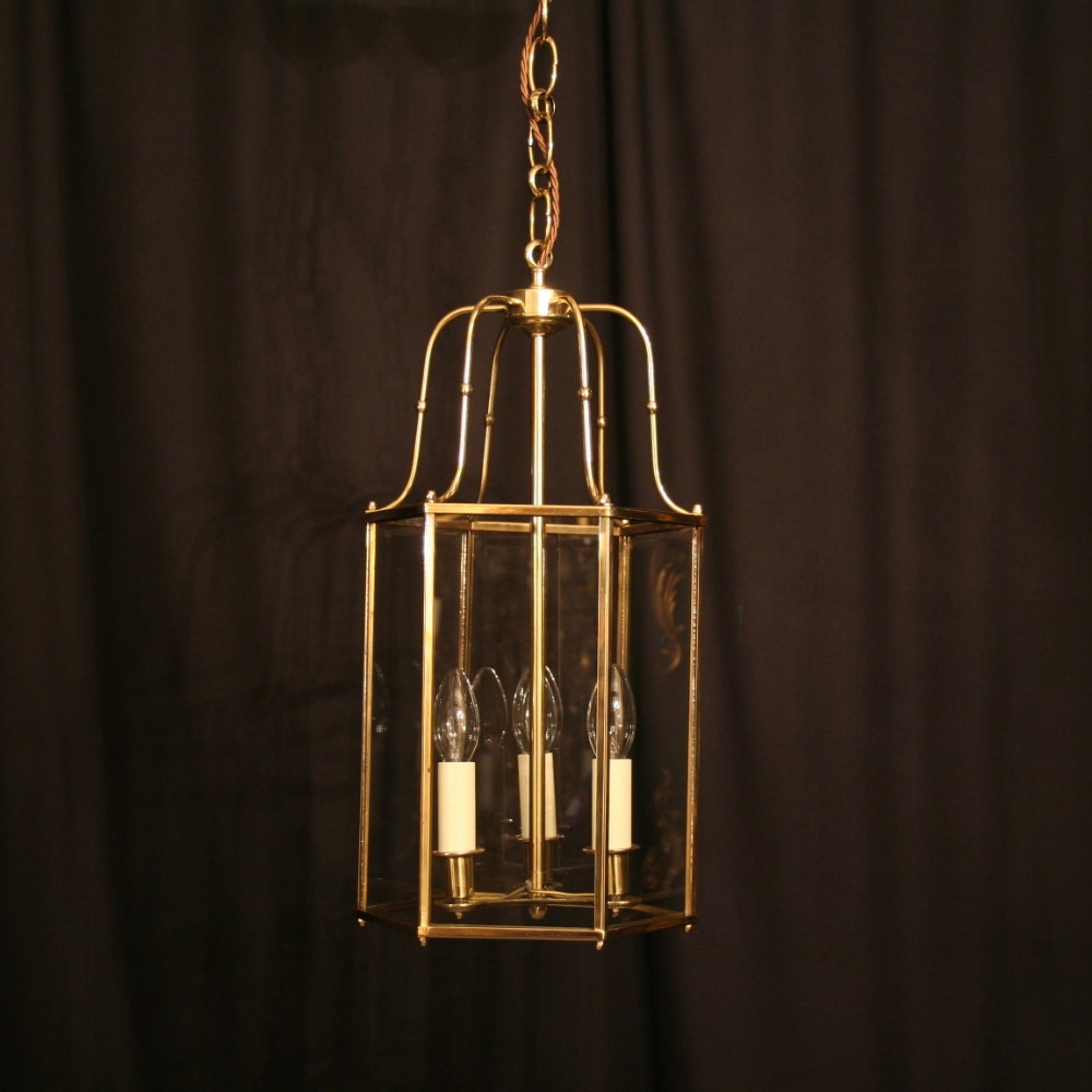 A French Brass Triple Light Antique Hall Lantern
