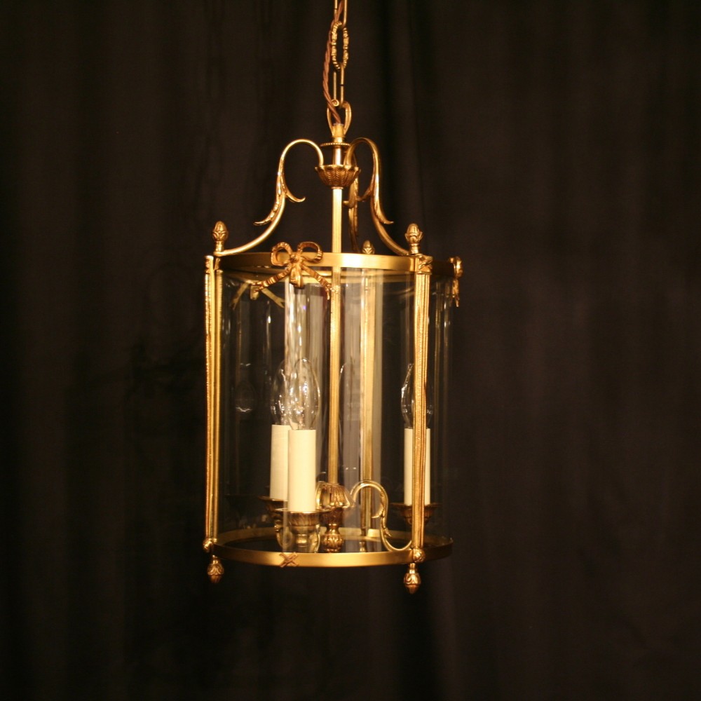 A French Gilded Triple Light Antique Hall Lantern