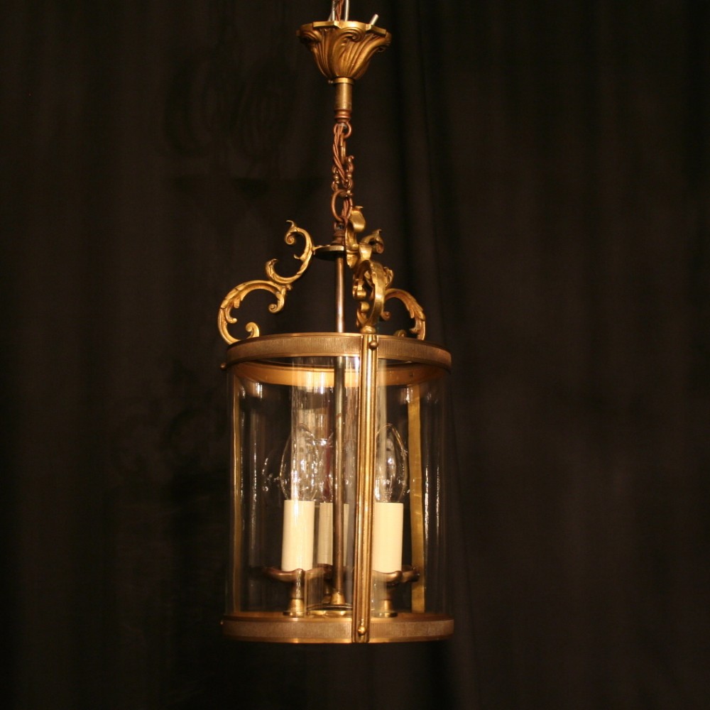 A French Gilded Triple Light Antique Hall Lantern