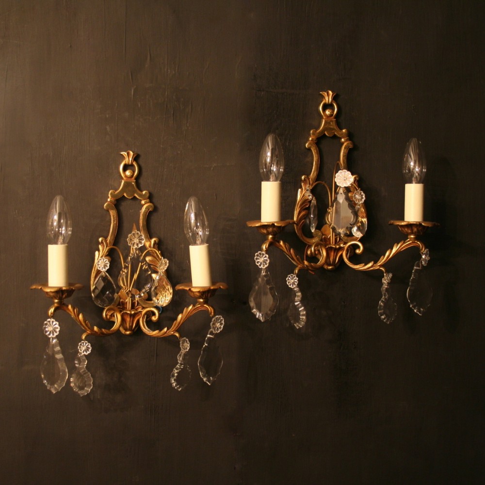 A French Pair Of Gilt & Crystal Wall Lights