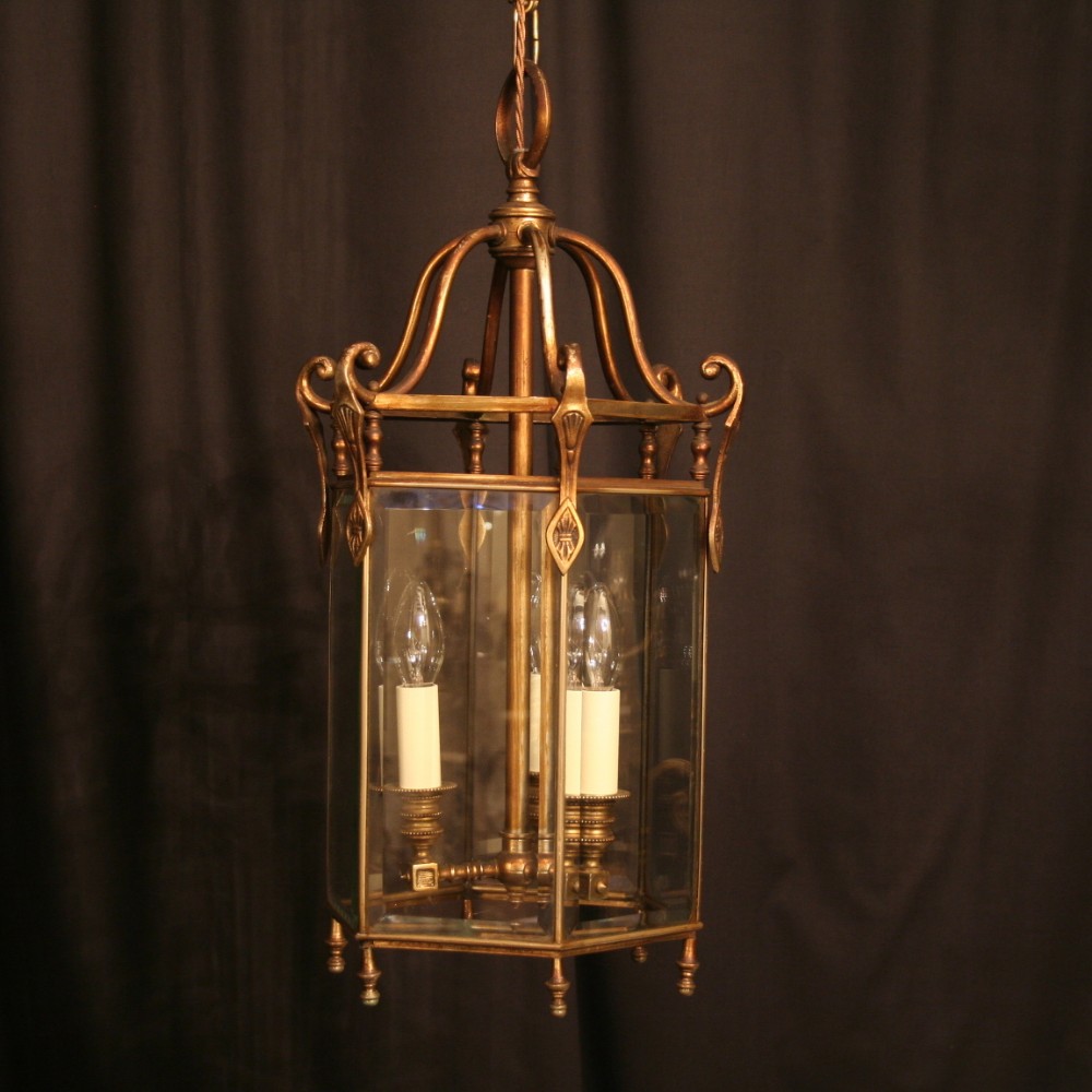 A French Triple Light Brass Hexagonal Antique Lantern