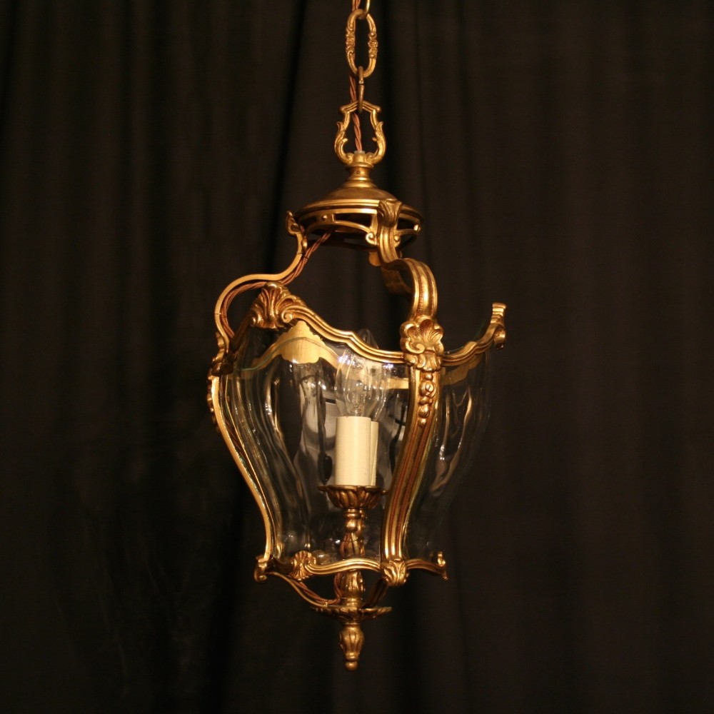 A French Gilded Curved Glass Twin Light Hall Lantern