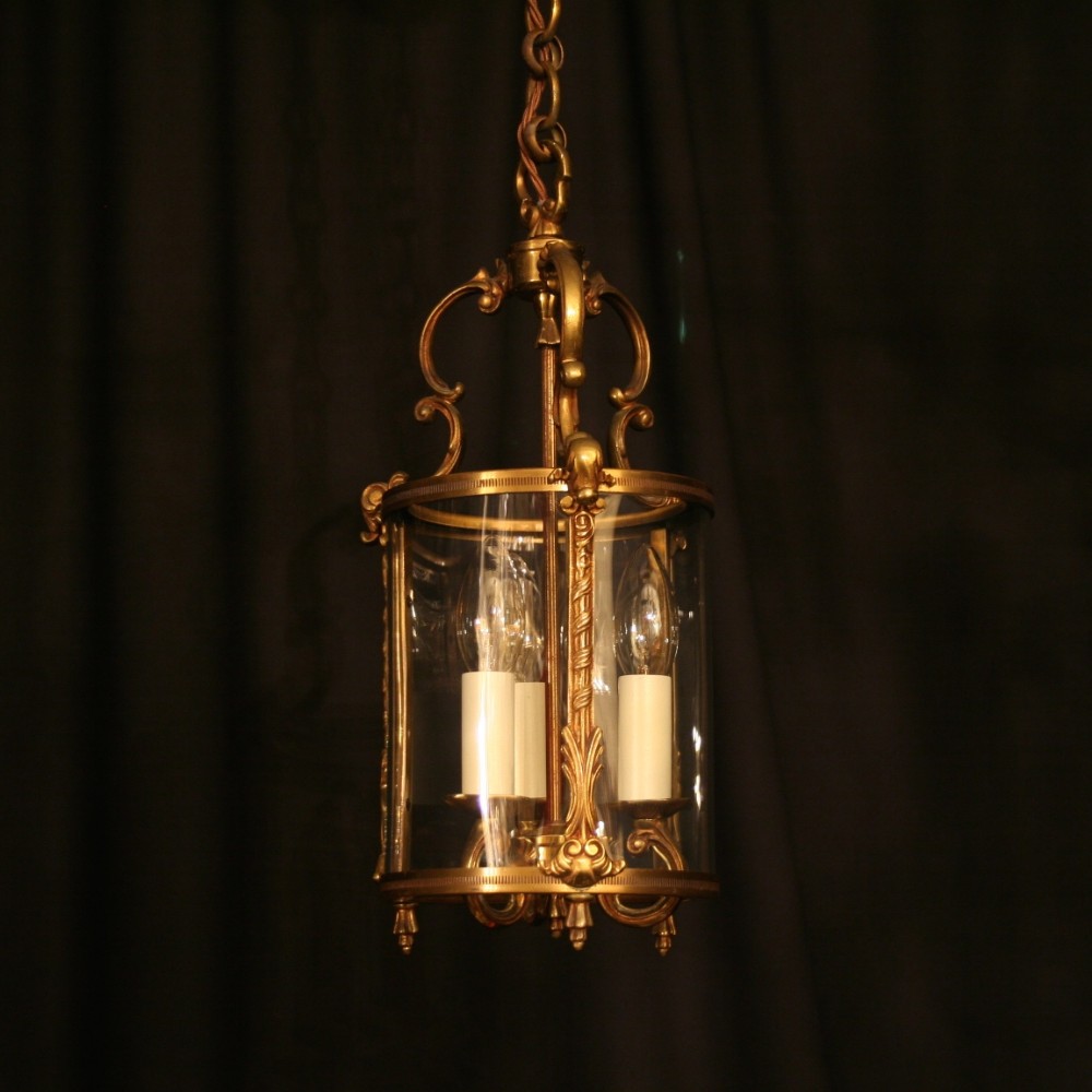 A French Gilded Triple Light Antique Hall Lantern