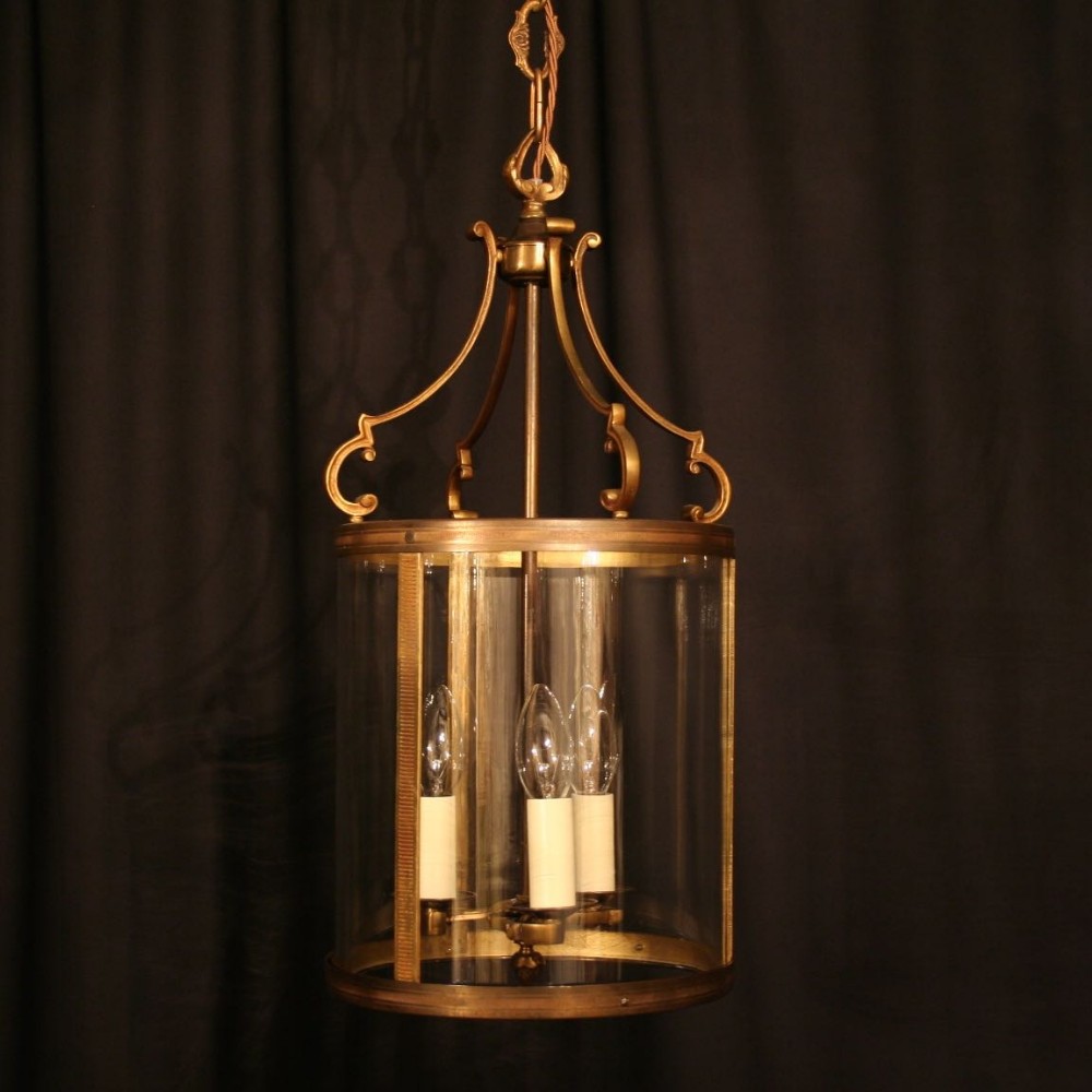 A French Gilded Triple Light Antique Hall Lantern