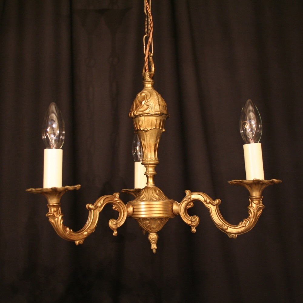 A Small French Gilded Brass Triple Light Chandelier