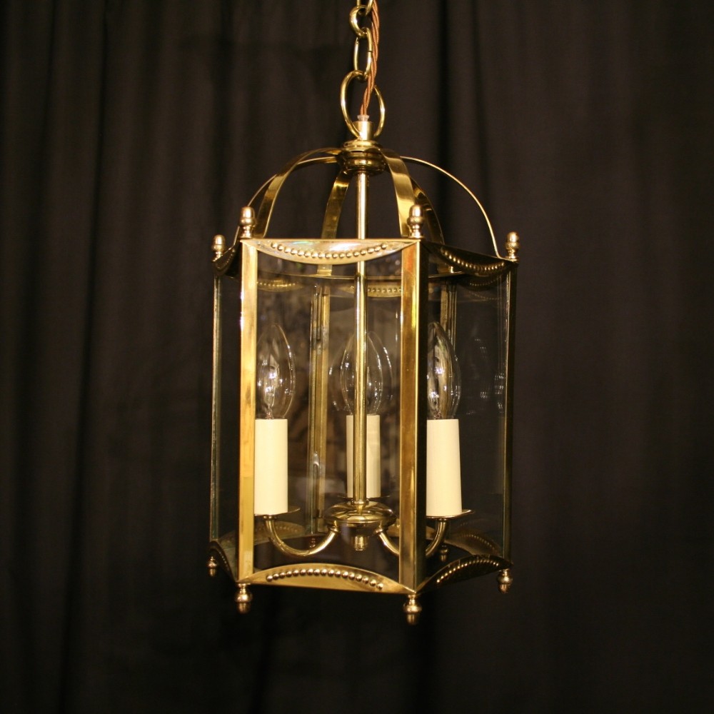 A French Brass Triple Light Antique Hall Lantern