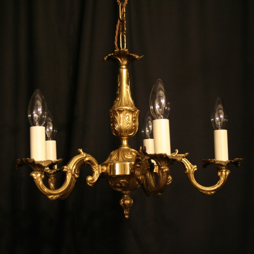 A Small French Gilded Cast Brass 5 Light Chandelier