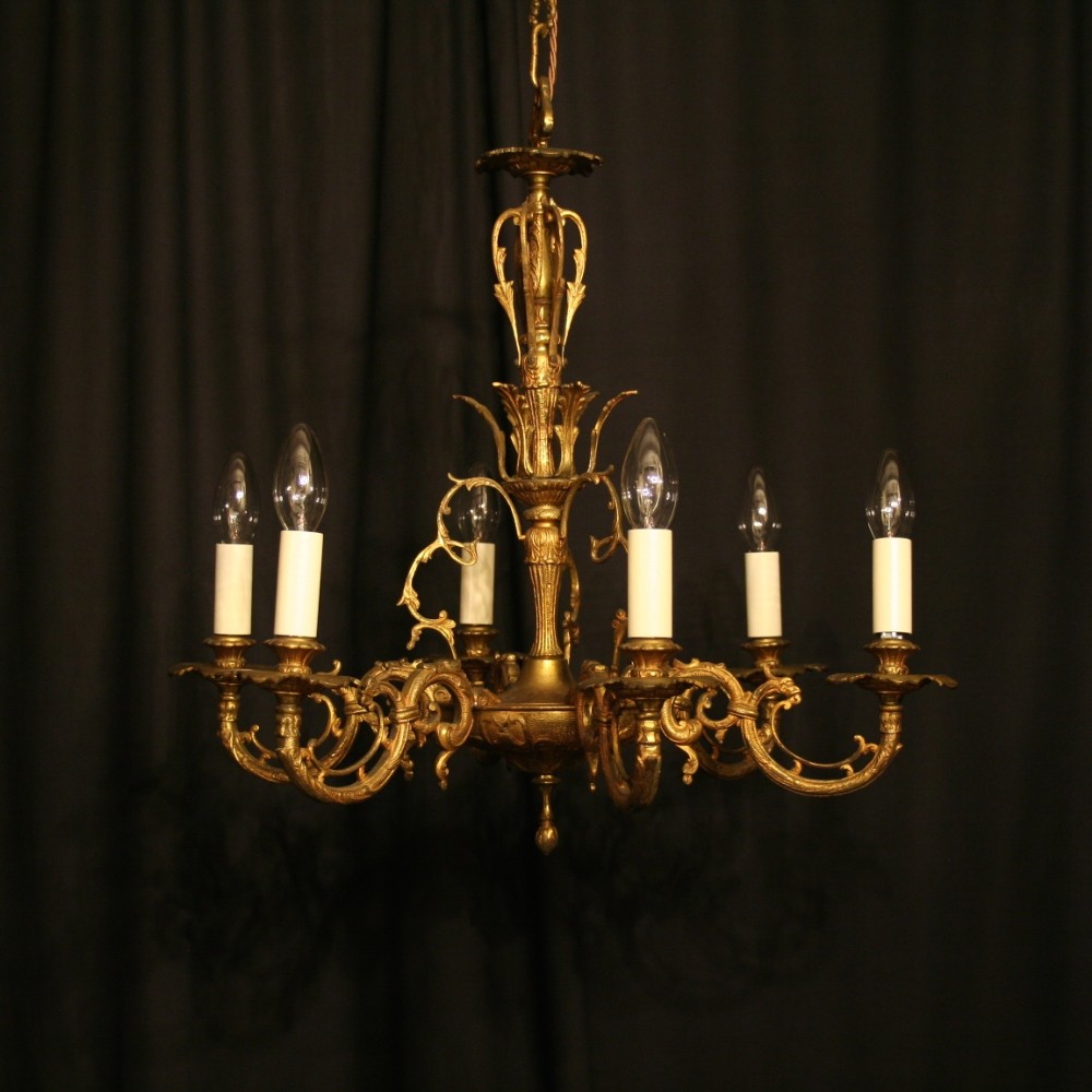 A French Gilded Cast Brass 6 Light Antique Chandelier