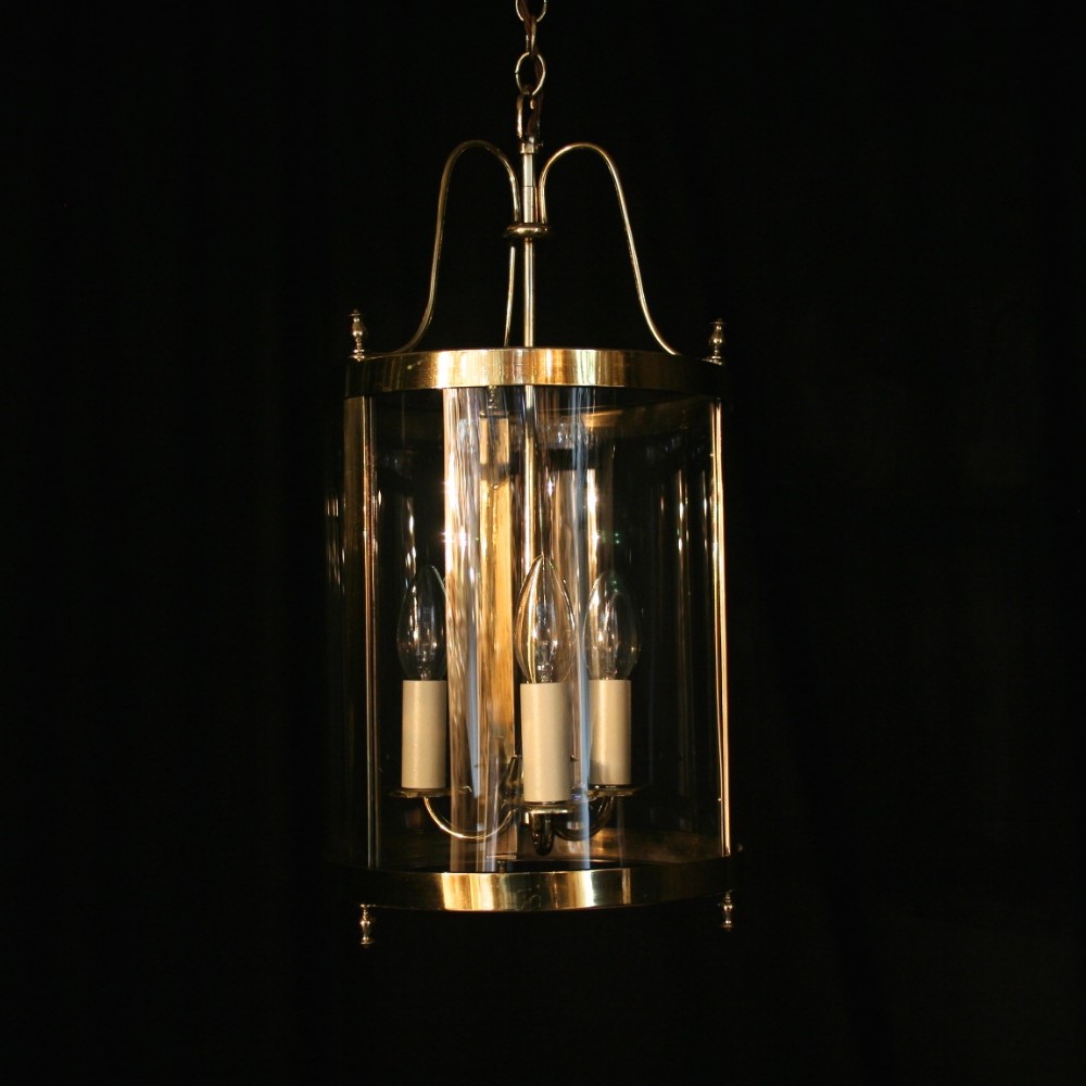 An English Brass Triple Light Antique Convex Hall Lantern